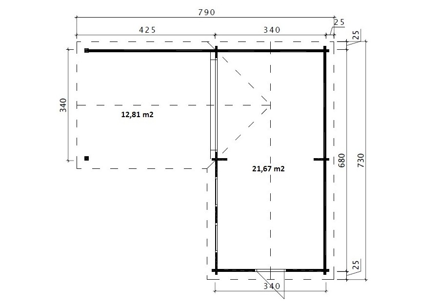 Domek drewniany HANS2 3.4m x 6.8m 70mm + zadaszenie 13m2